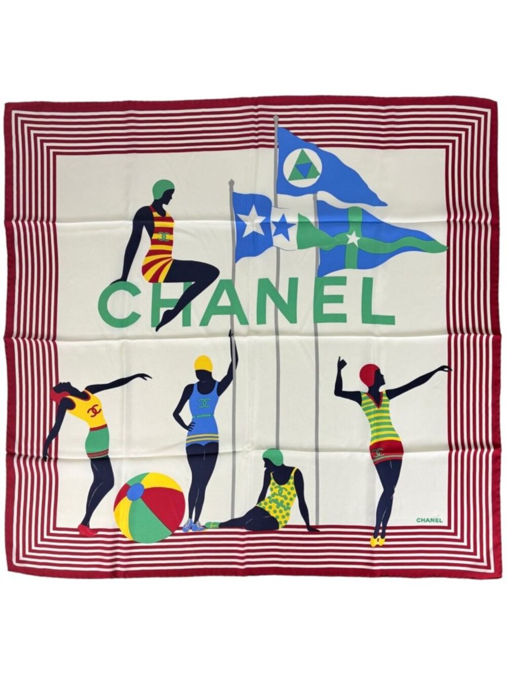 Chanel Scarf CC Logo Silk Red Multicolor